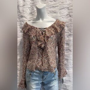 Trilogy Boho Floral Lace Ruffle Peasant Top Lace-Up Front Bell Sleeve Blouse